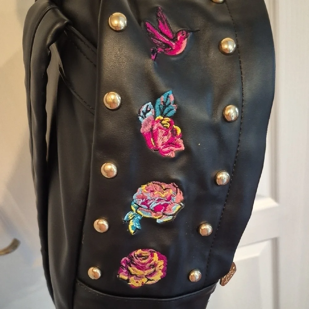 Betsey Johnson Black and White Embroidered Striped Backpack